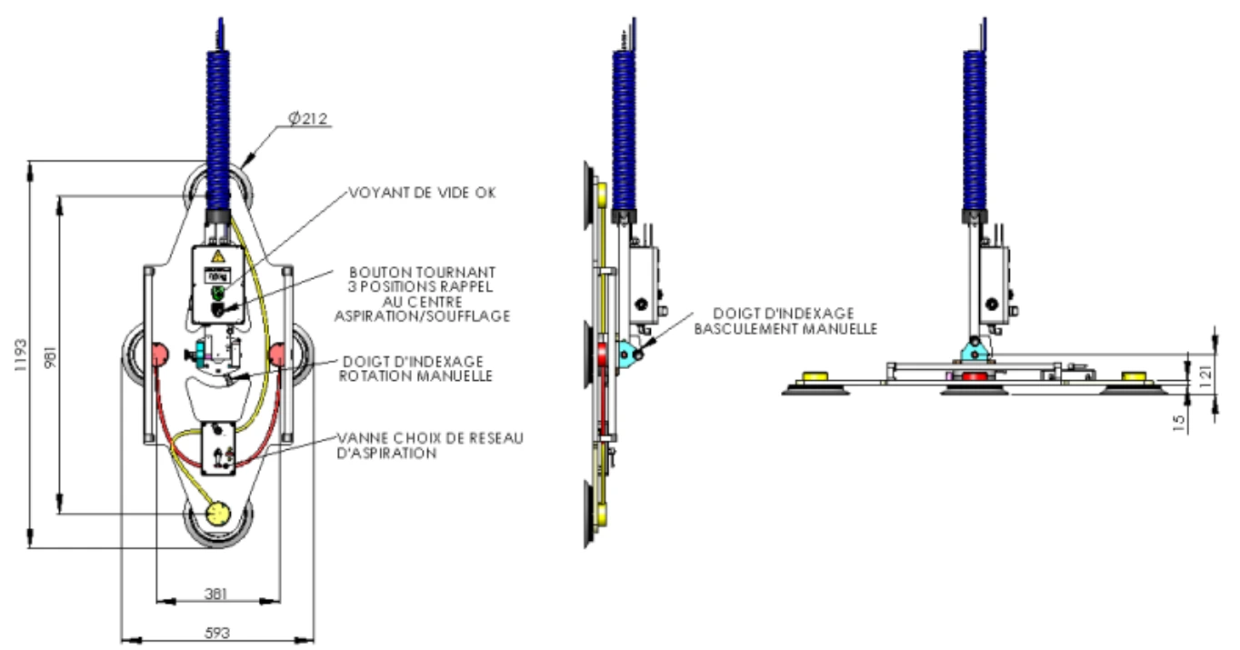 Palonnier à ventouse pneumatiques pour panneaux Out065